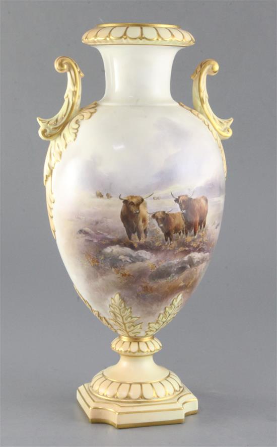 John Stinton for Royal Worcester. A 648 shape ovoid twin handled vase, date code for 1903, height 36cm